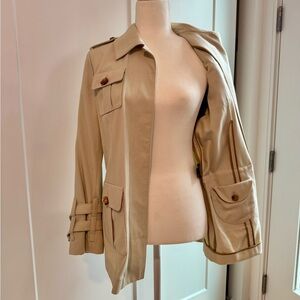 Cole Haan Women's Beige Utility Jacket with wooden detailed exterior buttons.